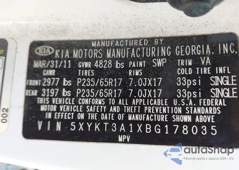 2011 Kia Sorento Lx z USA, uszkodzony, nr VIN 5XYKT3A1XBG178035